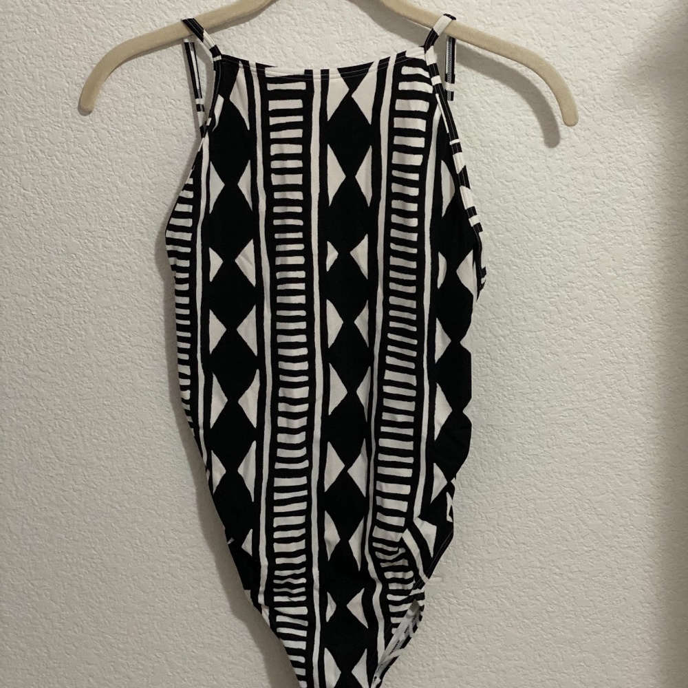 Black + White High Neck/Low Back Cheeky One Piece